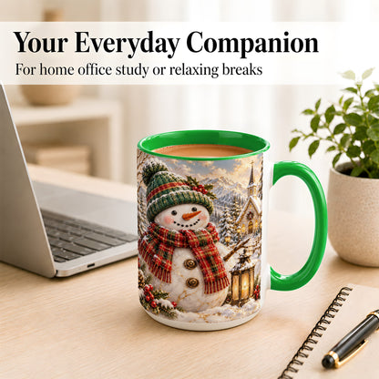 #pl[15oz|Green] Snowman Chapel Coffee Mug, Winter Snowman Mug, Ceramic Cup