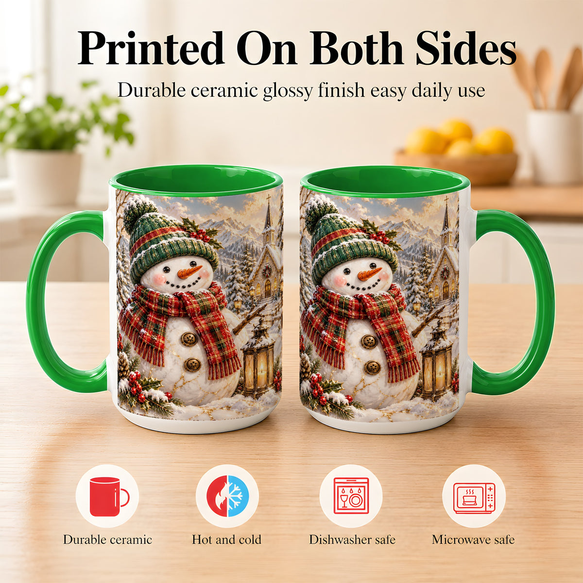 #pl[15oz|Green] Snowman Chapel Coffee Mug, Winter Snowman Mug, Ceramic Cup