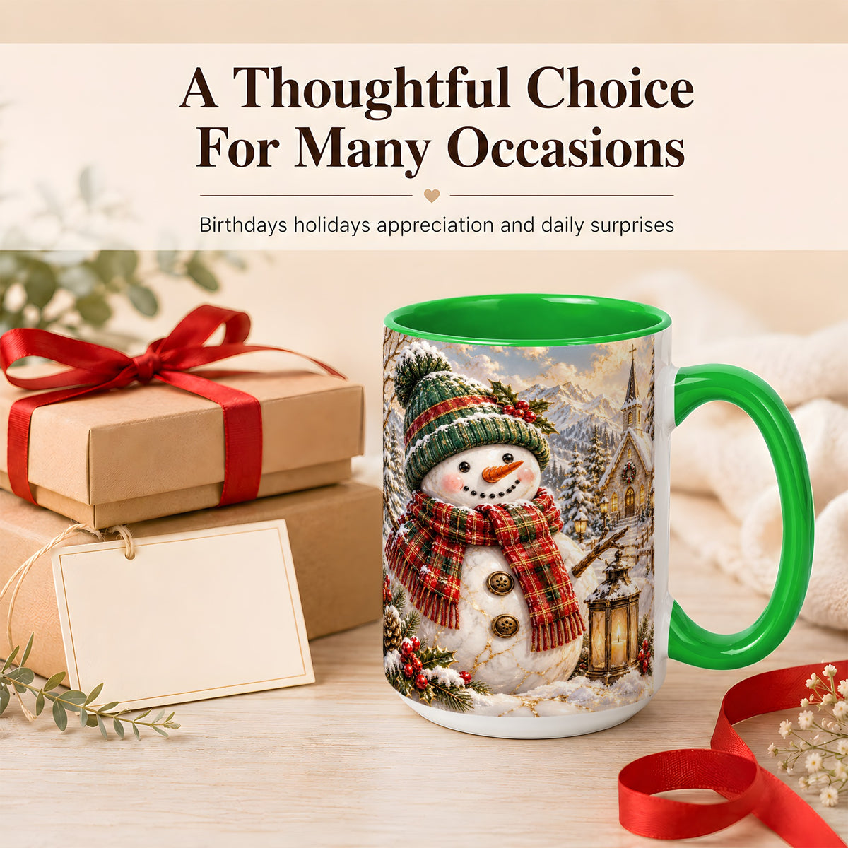 #pl[15oz|Green] Snowman Chapel Coffee Mug, Winter Snowman Mug, Ceramic Cup