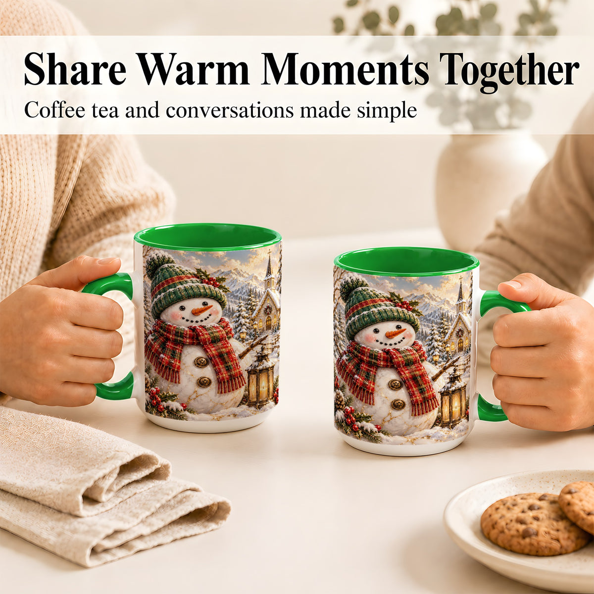 #pl[15oz|Green] Snowman Chapel Coffee Mug, Winter Snowman Mug, Ceramic Cup