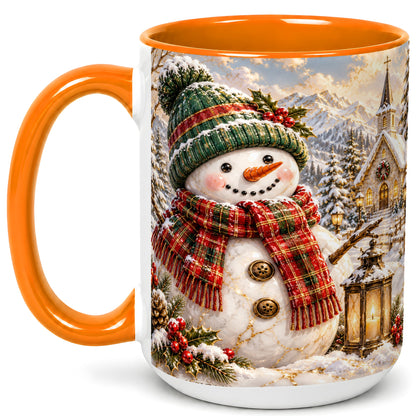 #pl[15oz|Orange] Snowman Chapel Coffee Mug, Winter Snowman Mug, Ceramic Cup
