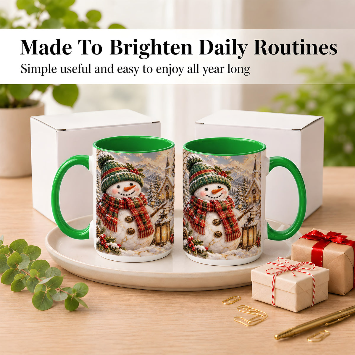 #pl[15oz|Green] Snowman Chapel Coffee Mug, Winter Snowman Mug, Ceramic Cup