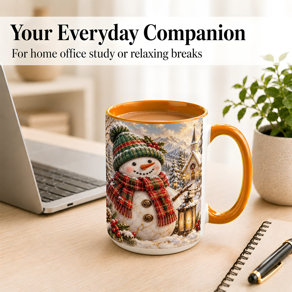 #pl[15oz|Orange] Snowman Chapel Coffee Mug, Winter Snowman Mug, Ceramic Cup