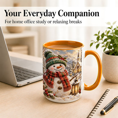 #pl[15oz|Orange] Snowman Chapel Coffee Mug, Winter Snowman Mug, Ceramic Cup