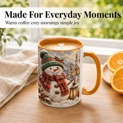#pl[15oz|Orange] Snowman Chapel Coffee Mug, Winter Snowman Mug, Ceramic Cup
