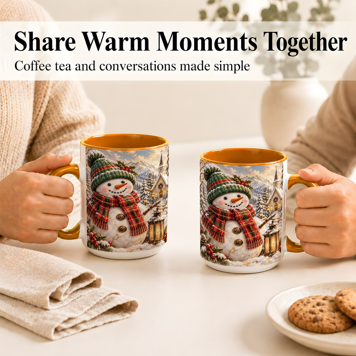 #pl[15oz|Orange] Snowman Chapel Coffee Mug, Winter Snowman Mug, Ceramic Cup