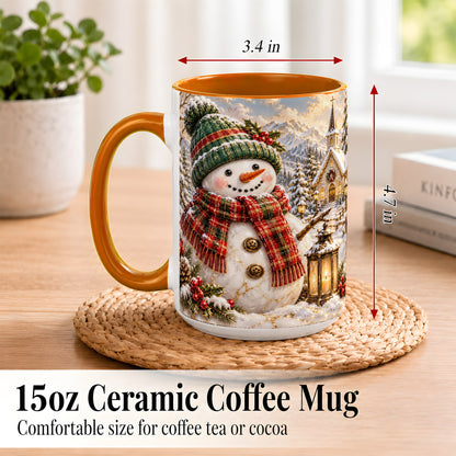 #pl[15oz|Orange] Snowman Chapel Coffee Mug, Winter Snowman Mug, Ceramic Cup