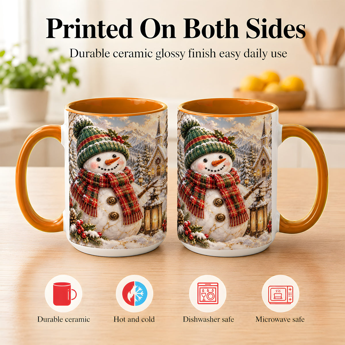 #pl[15oz|Orange] Snowman Chapel Coffee Mug, Winter Snowman Mug, Ceramic Cup