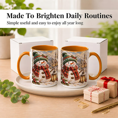 #pl[15oz|Orange] Snowman Chapel Coffee Mug, Winter Snowman Mug, Ceramic Cup