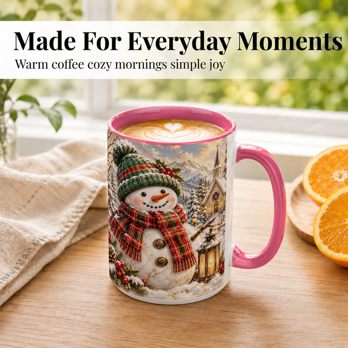 #pl[15oz|Pink] Snowman Chapel Coffee Mug, Winter Snowman Mug, Ceramic Cup