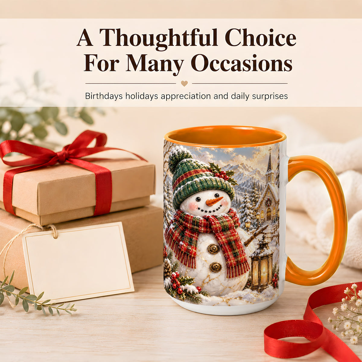 #pl[15oz|Orange] Snowman Chapel Coffee Mug, Winter Snowman Mug, Ceramic Cup