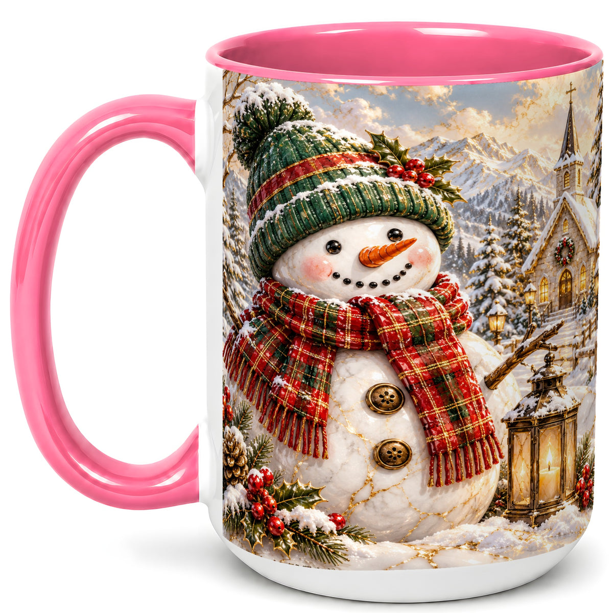 #pl[15oz|Pink] Snowman Chapel Coffee Mug, Winter Snowman Mug, Ceramic Cup