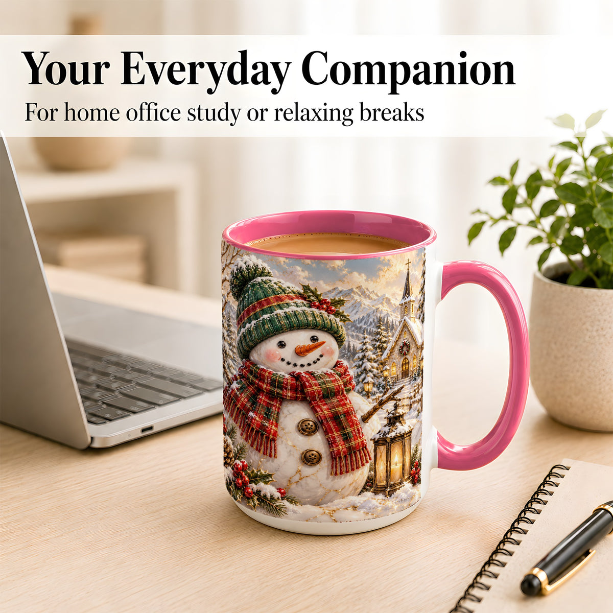 #pl[15oz|Pink] Snowman Chapel Coffee Mug, Winter Snowman Mug, Ceramic Cup