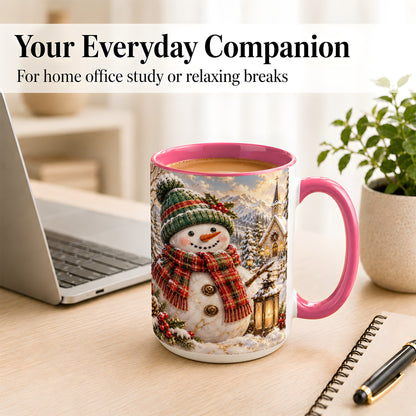 #pl[15oz|Pink] Snowman Chapel Coffee Mug, Winter Snowman Mug, Ceramic Cup