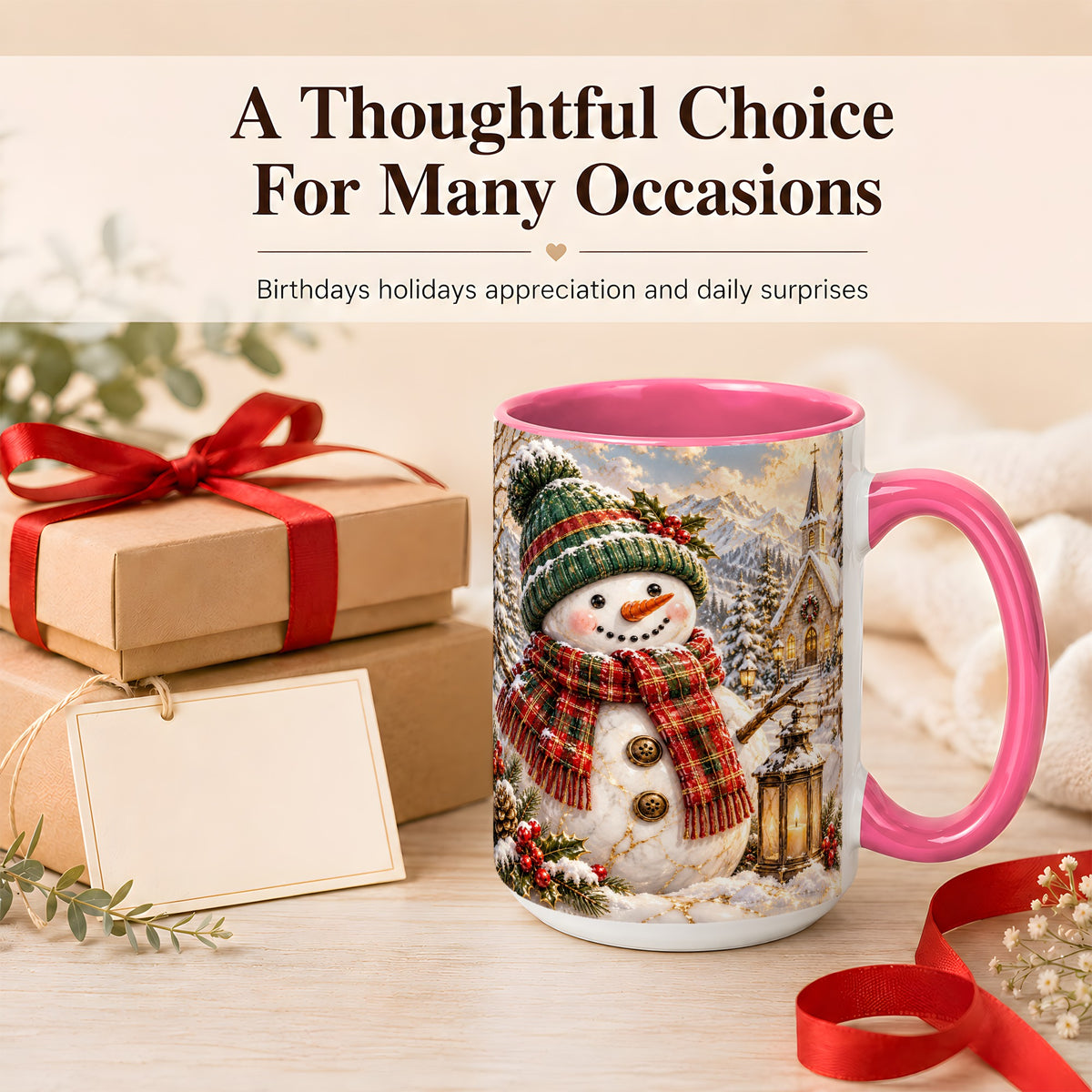 #pl[15oz|Pink] Snowman Chapel Coffee Mug, Winter Snowman Mug, Ceramic Cup