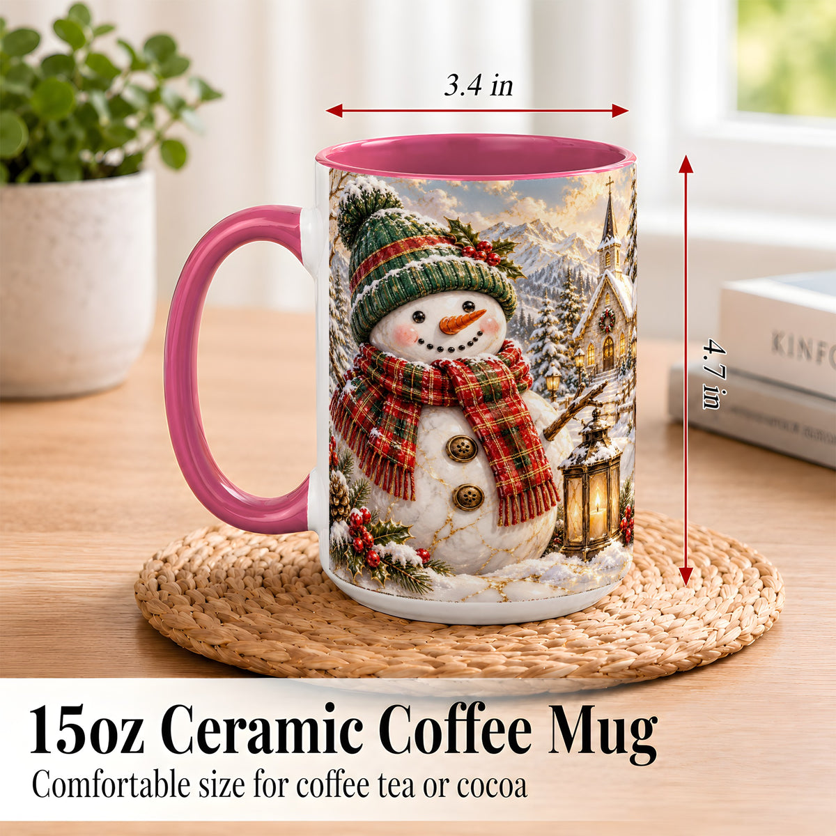 #pl[15oz|Pink] Snowman Chapel Coffee Mug, Winter Snowman Mug, Ceramic Cup