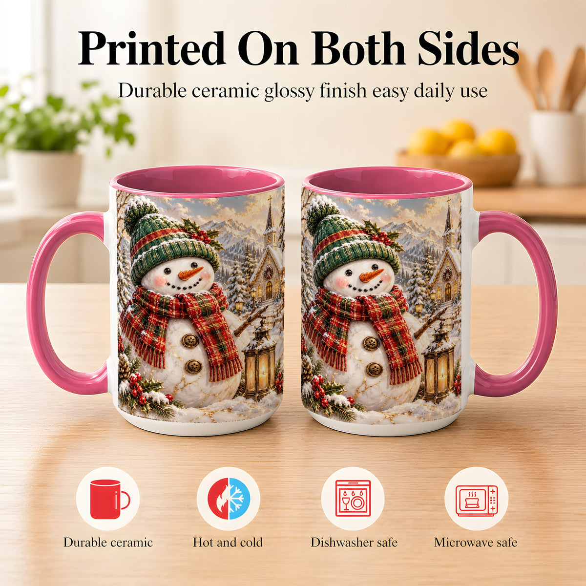 #pl[15oz|Pink] Snowman Chapel Coffee Mug, Winter Snowman Mug, Ceramic Cup