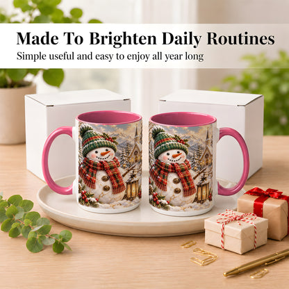 #pl[15oz|Pink] Snowman Chapel Coffee Mug, Winter Snowman Mug, Ceramic Cup