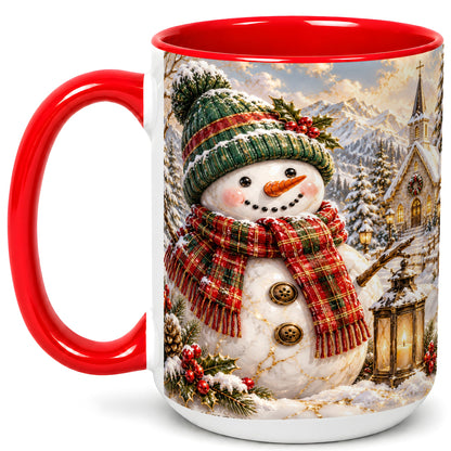 #pl[15oz|Red] Snowman Chapel Coffee Mug, Winter Snowman Mug, Ceramic Cup