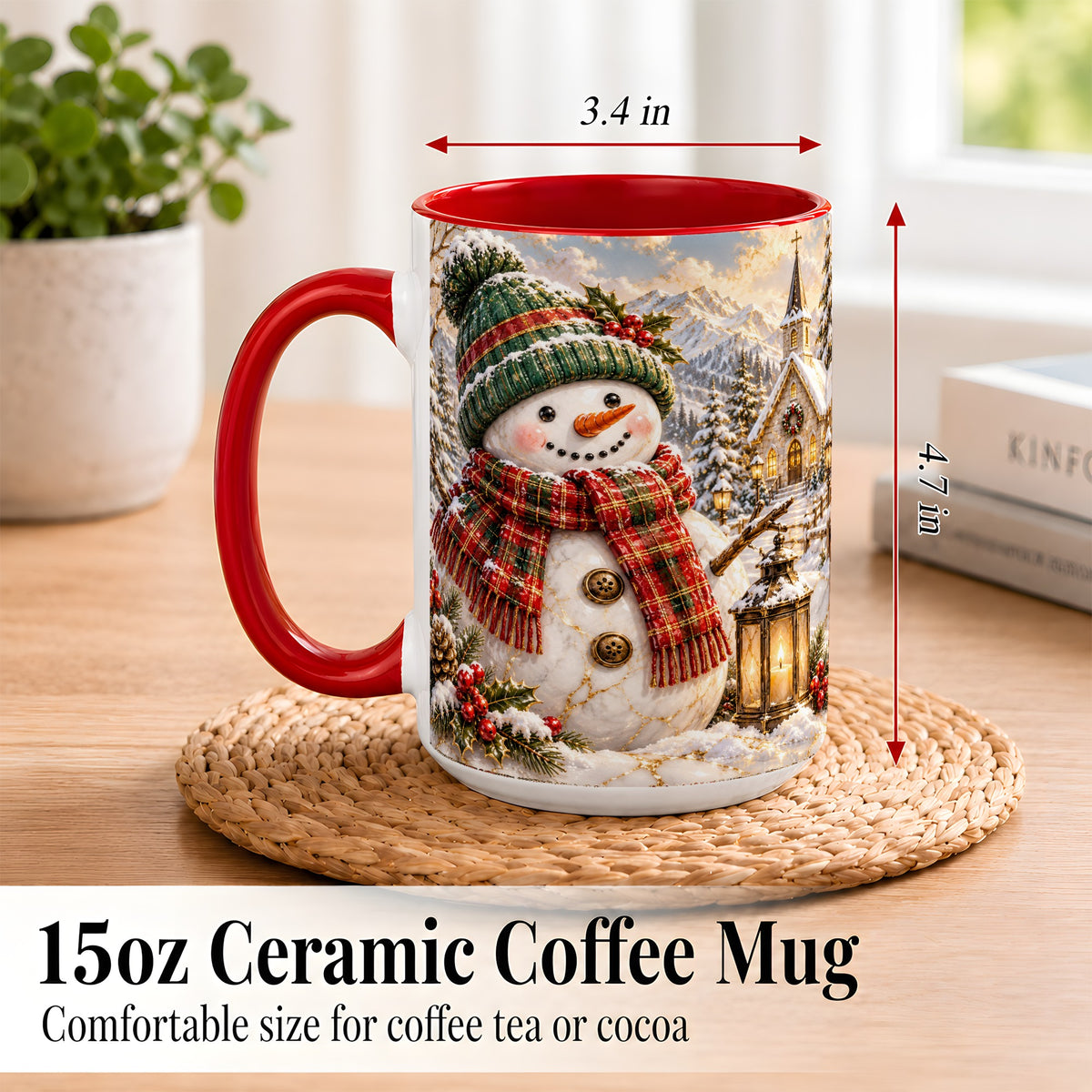 #pl[15oz|Red] Snowman Chapel Coffee Mug, Winter Snowman Mug, Ceramic Cup
