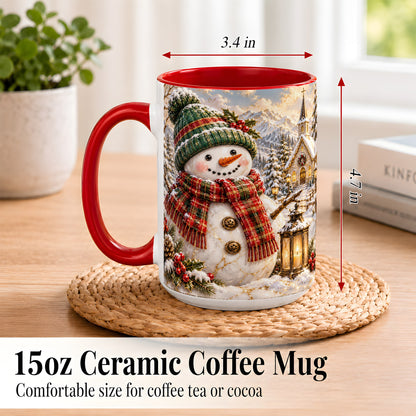 #pl[15oz|Red] Snowman Chapel Coffee Mug, Winter Snowman Mug, Ceramic Cup