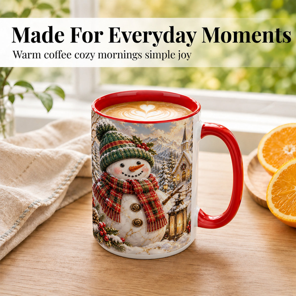 #pl[15oz|Red] Snowman Chapel Coffee Mug, Winter Snowman Mug, Ceramic Cup
