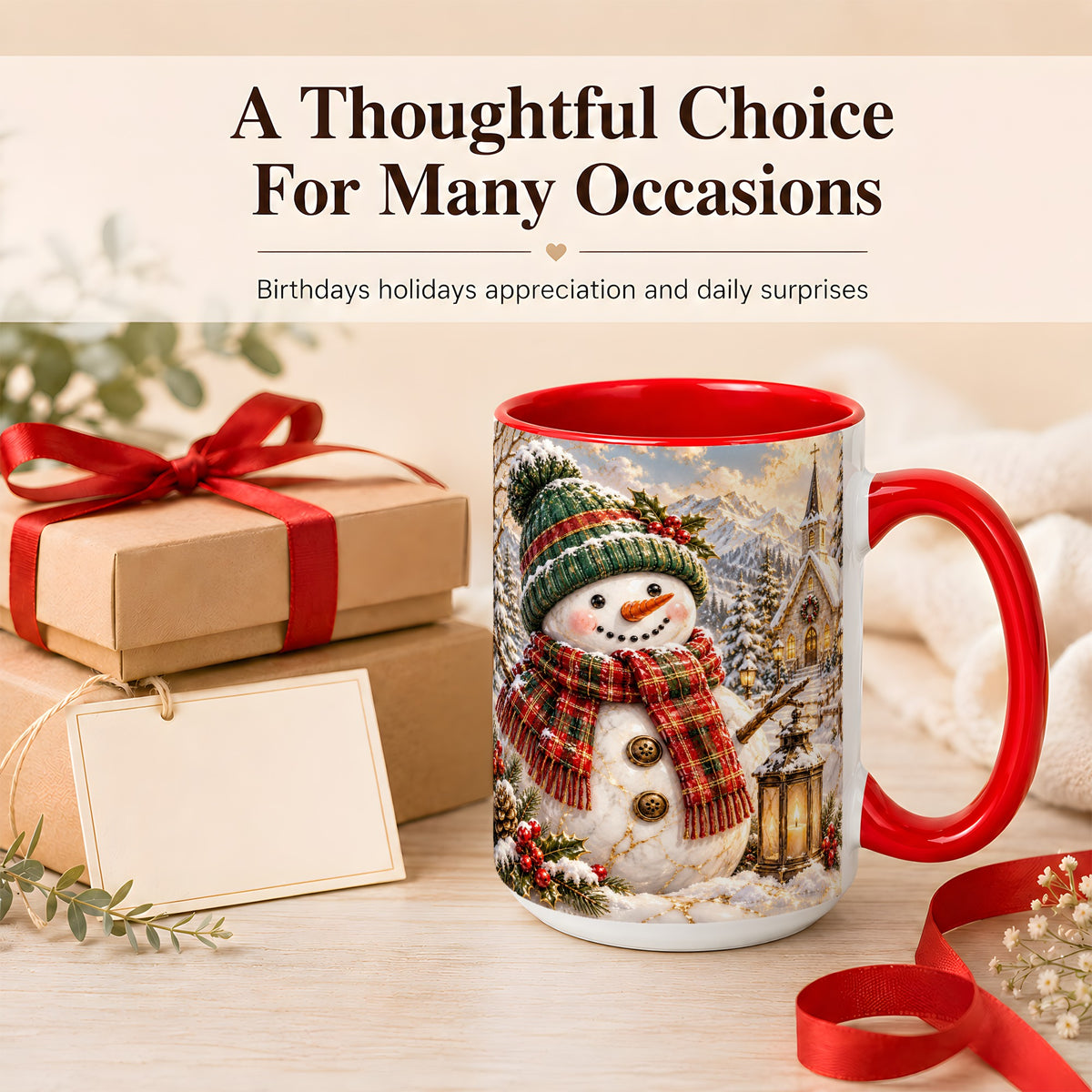 #pl[15oz|Red] Snowman Chapel Coffee Mug, Winter Snowman Mug, Ceramic Cup