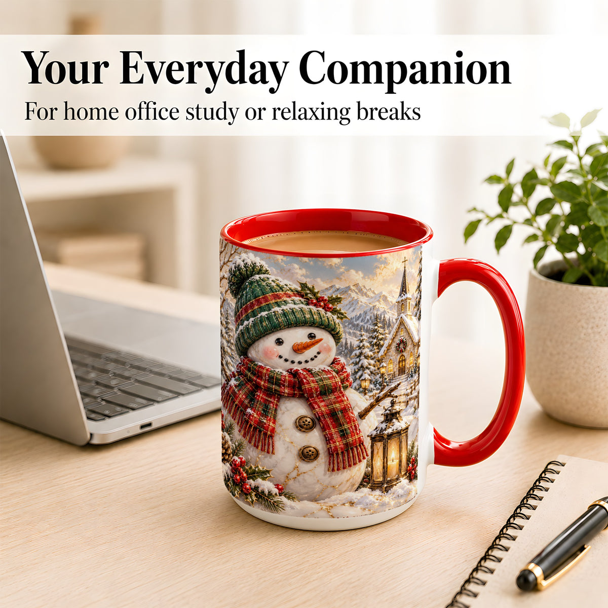 #pl[15oz|Red] Snowman Chapel Coffee Mug, Winter Snowman Mug, Ceramic Cup