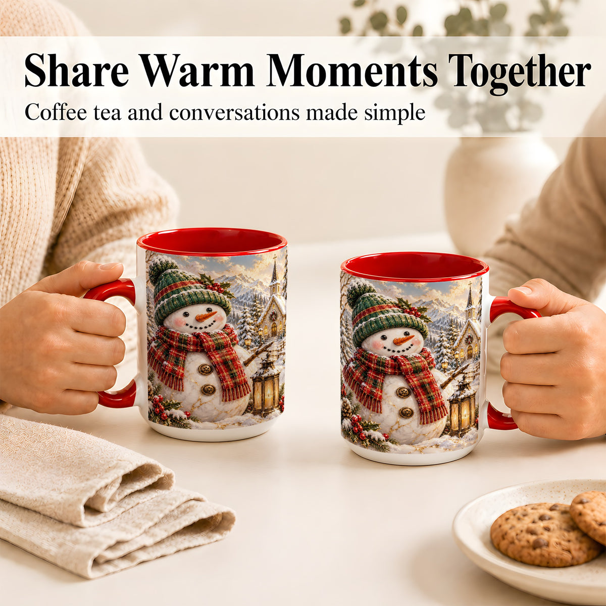 #pl[15oz|Red] Snowman Chapel Coffee Mug, Winter Snowman Mug, Ceramic Cup