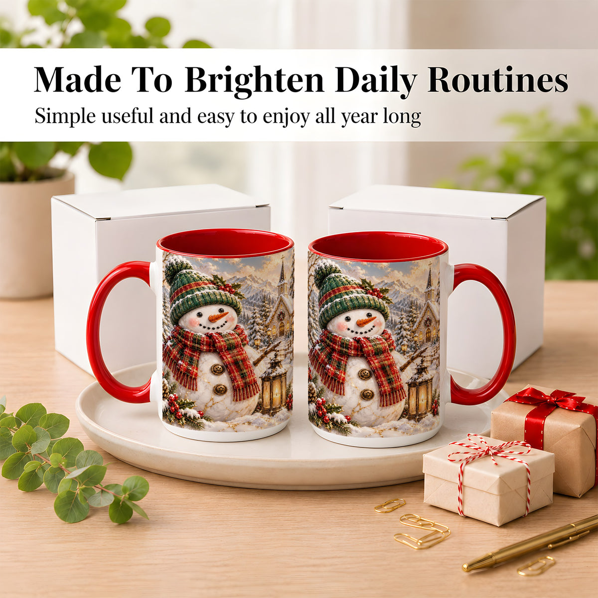 #pl[15oz|Red] Snowman Chapel Coffee Mug, Winter Snowman Mug, Ceramic Cup