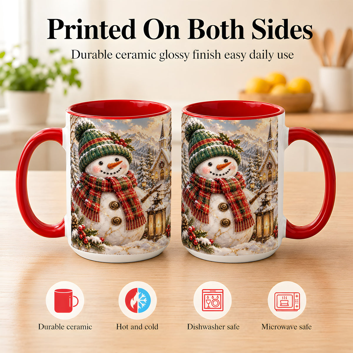 #pl[15oz|Red] Snowman Chapel Coffee Mug, Winter Snowman Mug, Ceramic Cup