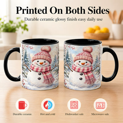 #pl[11oz|Black] Pink Snowman Coffee Mug, Cozy Winter Snowman Mug, Ceramic Cup