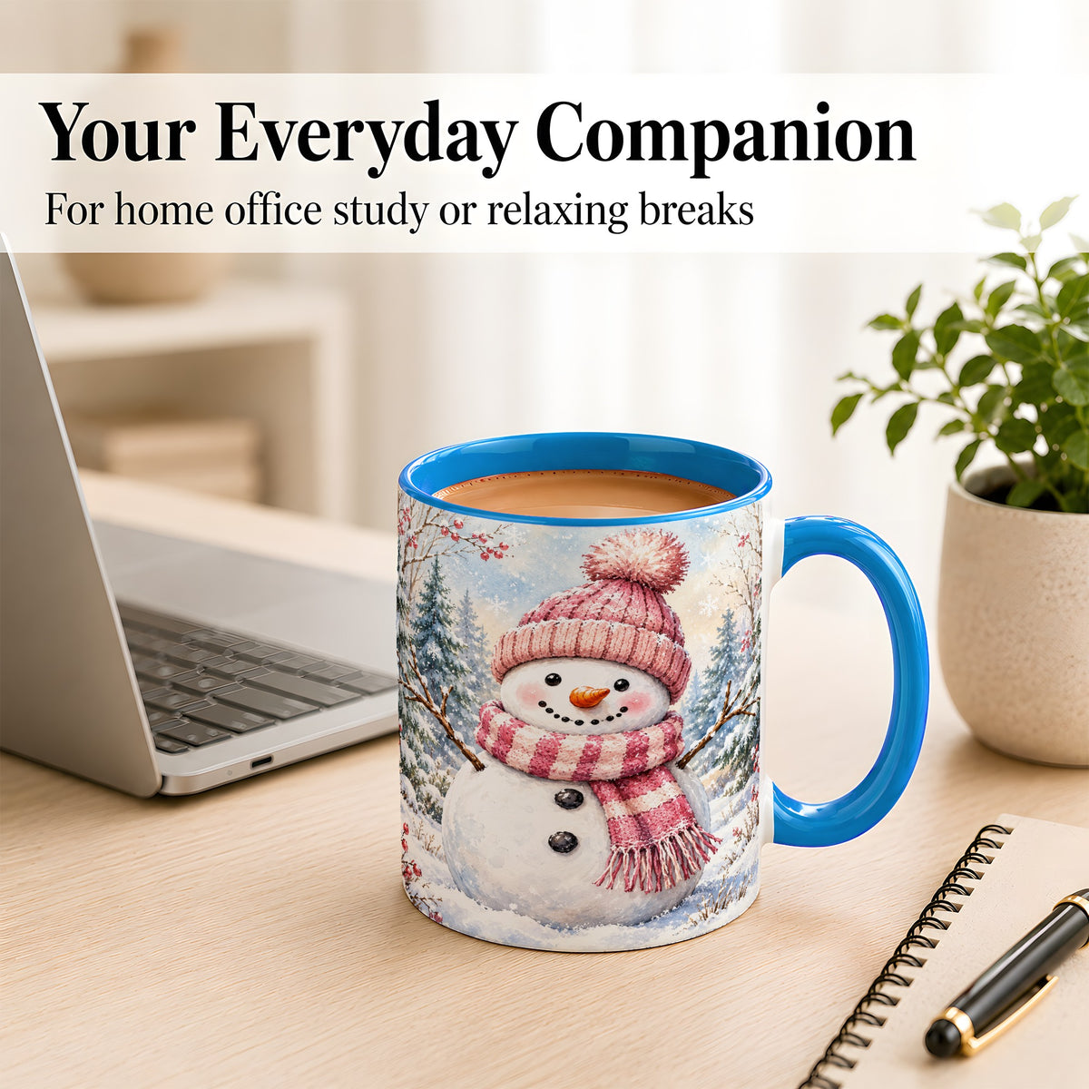 #pl[11oz|Blue] Pink Snowman Coffee Mug, Cozy Winter Snowman Mug, Ceramic Cup