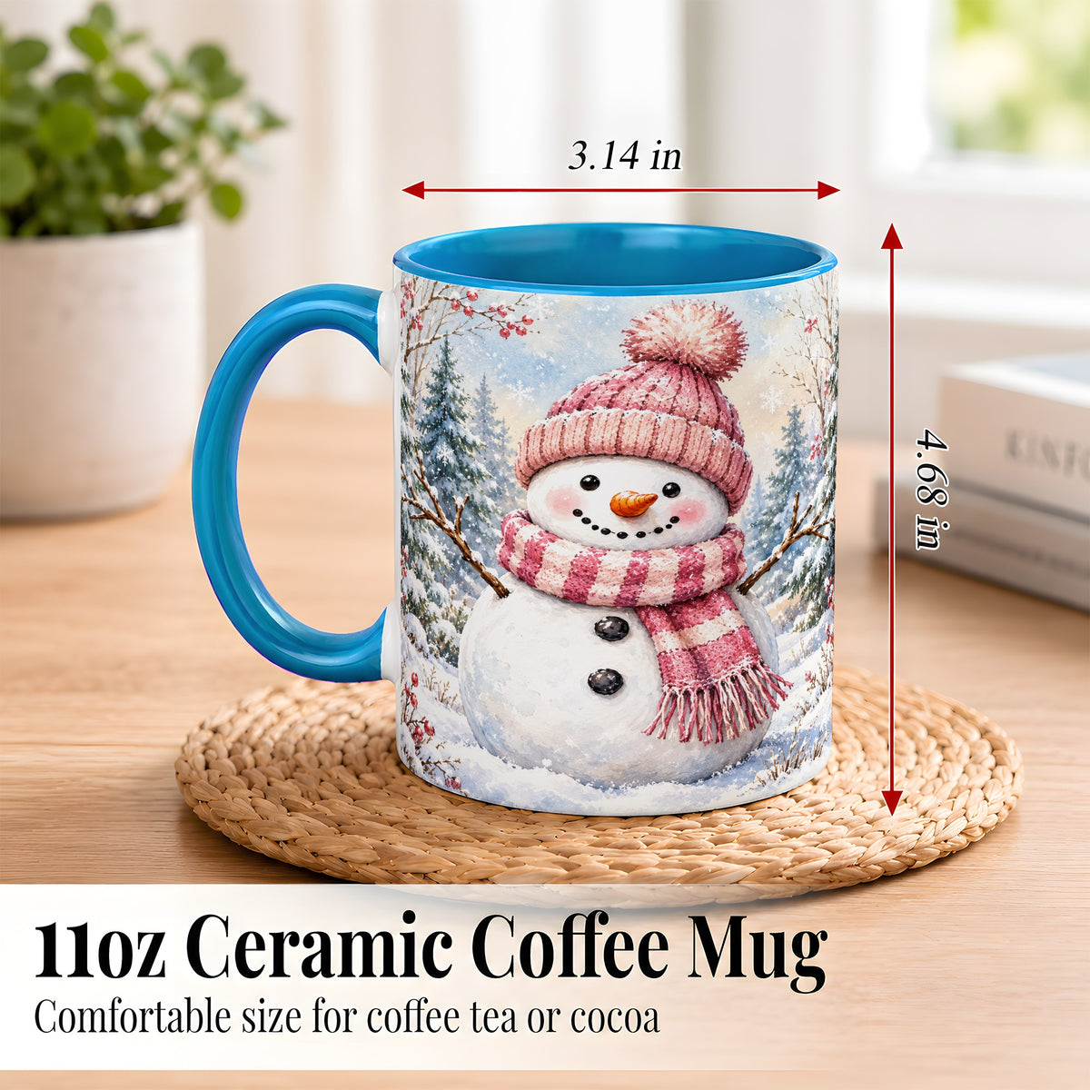 #pl[11oz|Blue] Pink Snowman Coffee Mug, Cozy Winter Snowman Mug, Ceramic Cup
