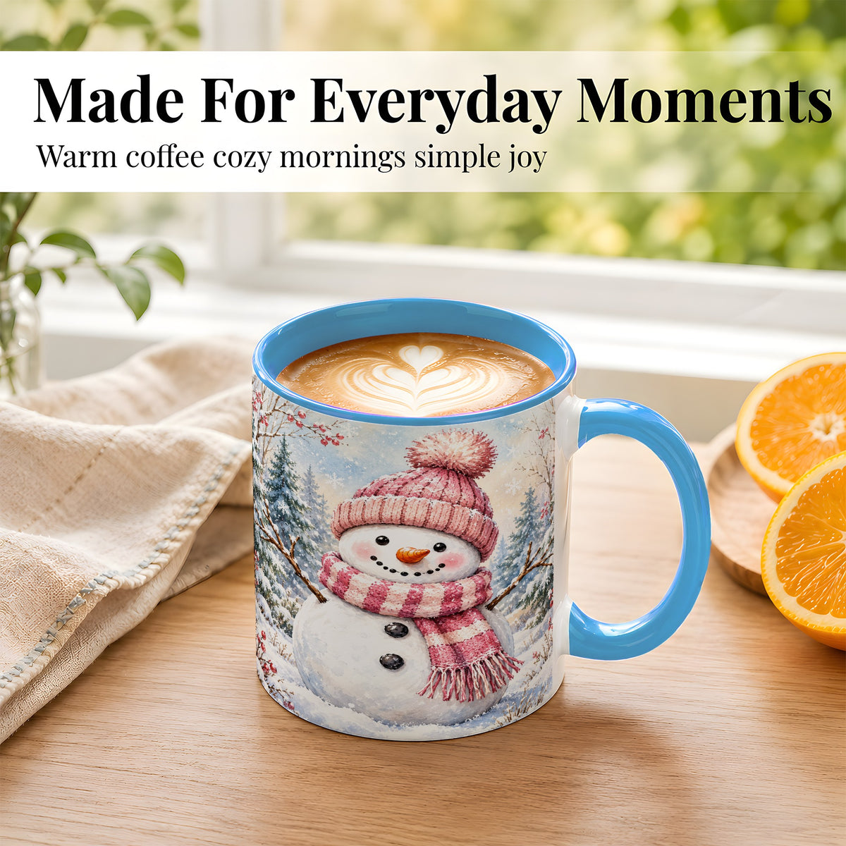 #pl[11oz|Blue] Pink Snowman Coffee Mug, Cozy Winter Snowman Mug, Ceramic Cup