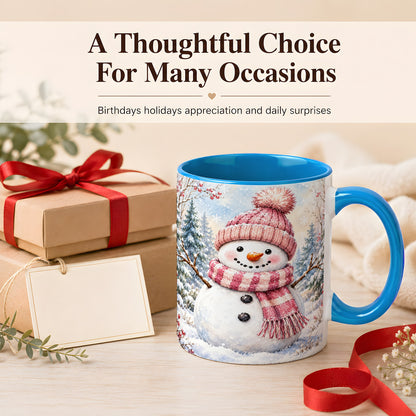 #pl[11oz|Blue] Pink Snowman Coffee Mug, Cozy Winter Snowman Mug, Ceramic Cup