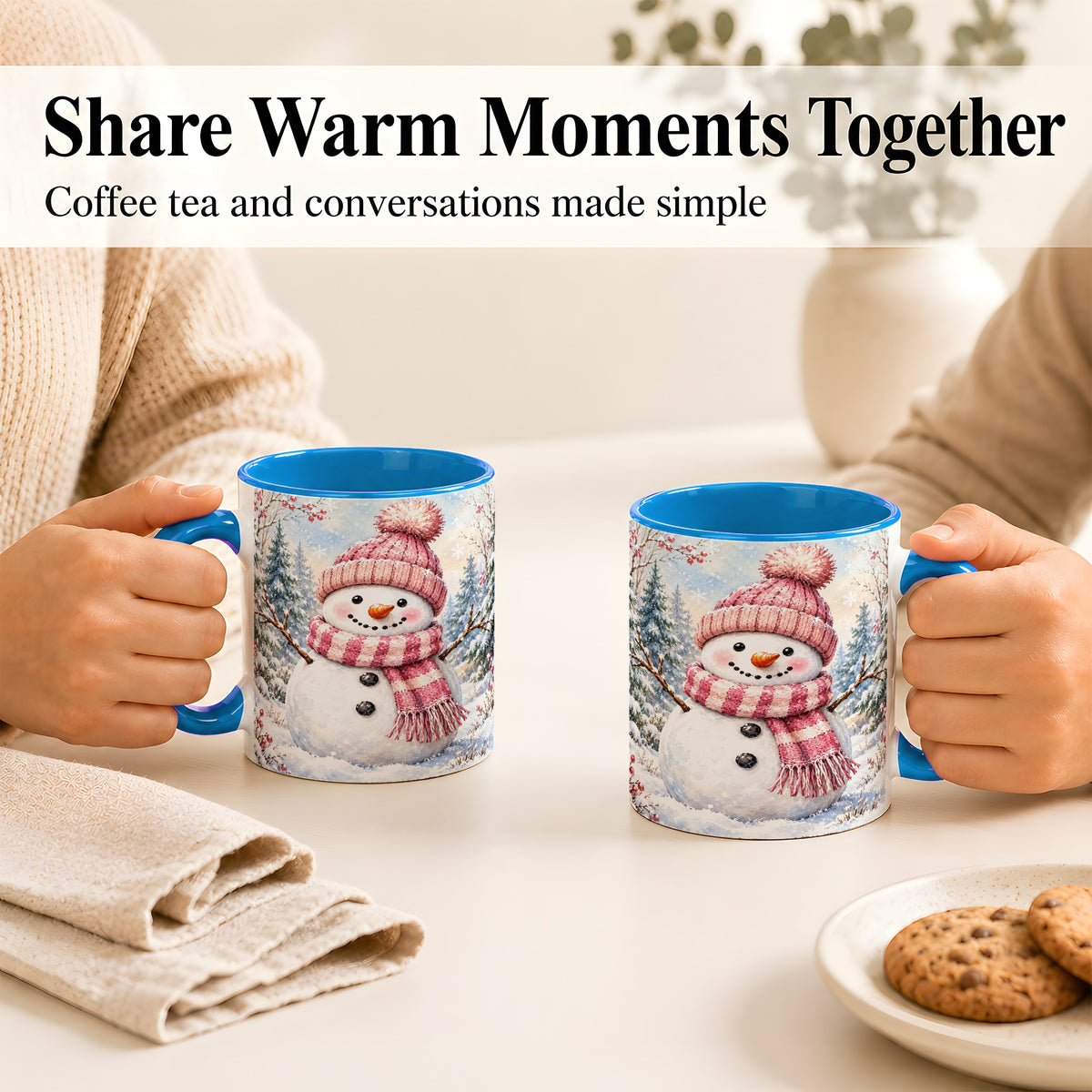 #pl[11oz|Blue] Pink Snowman Coffee Mug, Cozy Winter Snowman Mug, Ceramic Cup