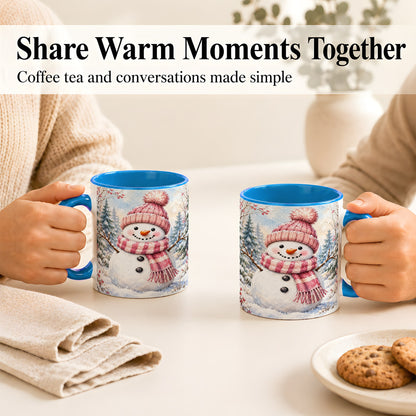 #pl[11oz|Blue] Pink Snowman Coffee Mug, Cozy Winter Snowman Mug, Ceramic Cup