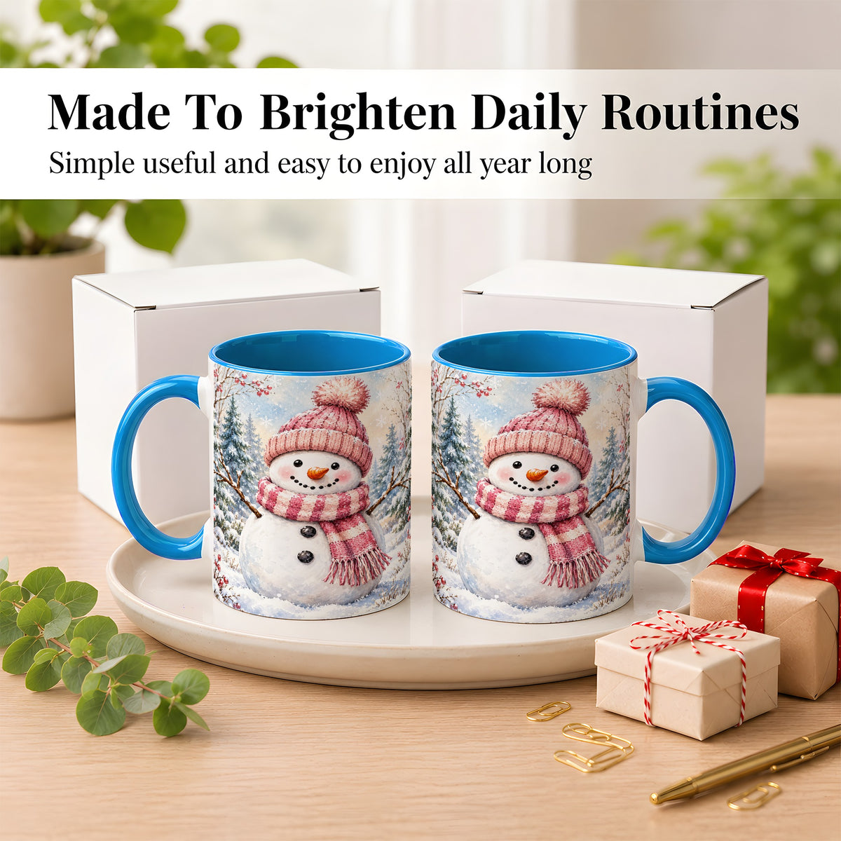 #pl[11oz|Blue] Pink Snowman Coffee Mug, Cozy Winter Snowman Mug, Ceramic Cup