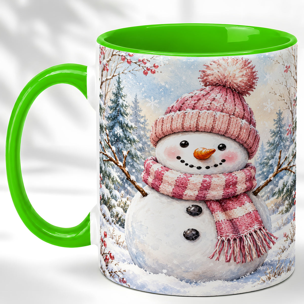 #pl[11oz|Green] Pink Snowman Coffee Mug, Cozy Winter Snowman Mug, Ceramic Cup