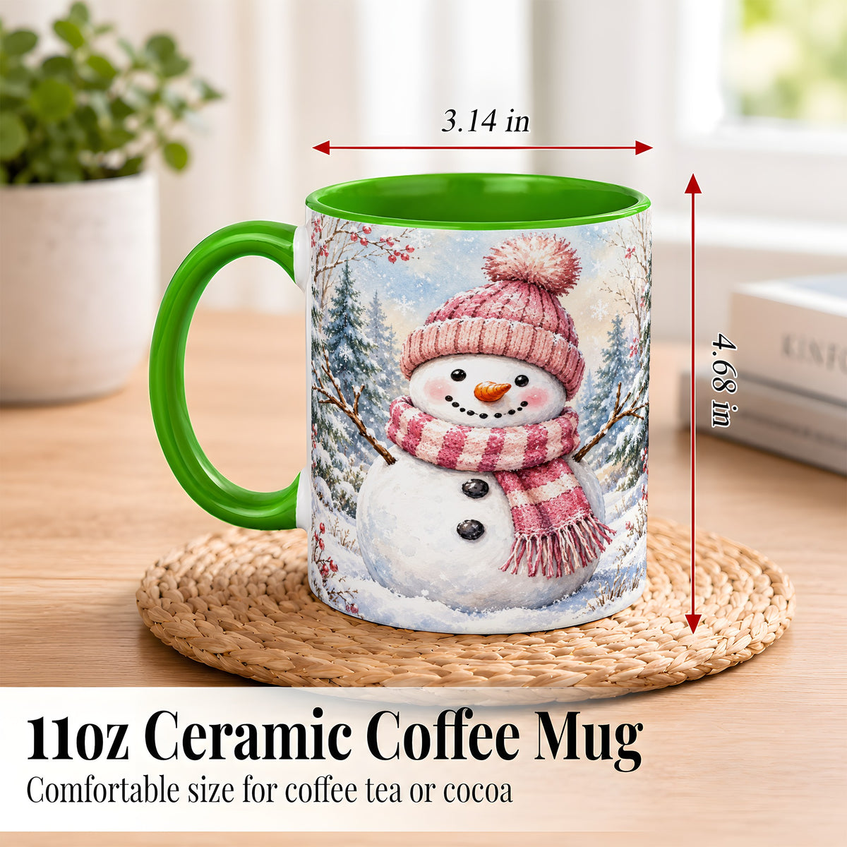 #pl[11oz|Green] Pink Snowman Coffee Mug, Cozy Winter Snowman Mug, Ceramic Cup