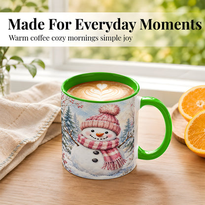 #pl[11oz|Green] Pink Snowman Coffee Mug, Cozy Winter Snowman Mug, Ceramic Cup