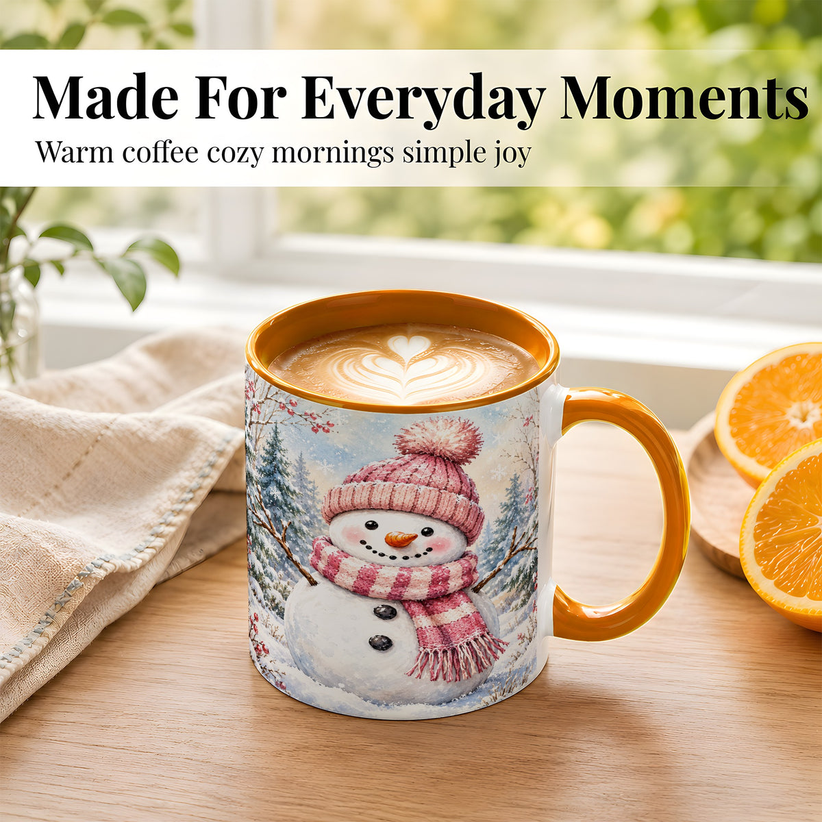 #pl[11oz|Orange] Pink Snowman Coffee Mug, Cozy Winter Snowman Mug, Ceramic Cup