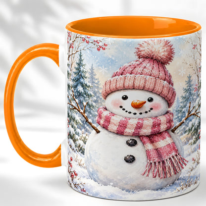 #pl[11oz|Orange] Pink Snowman Coffee Mug, Cozy Winter Snowman Mug, Ceramic Cup