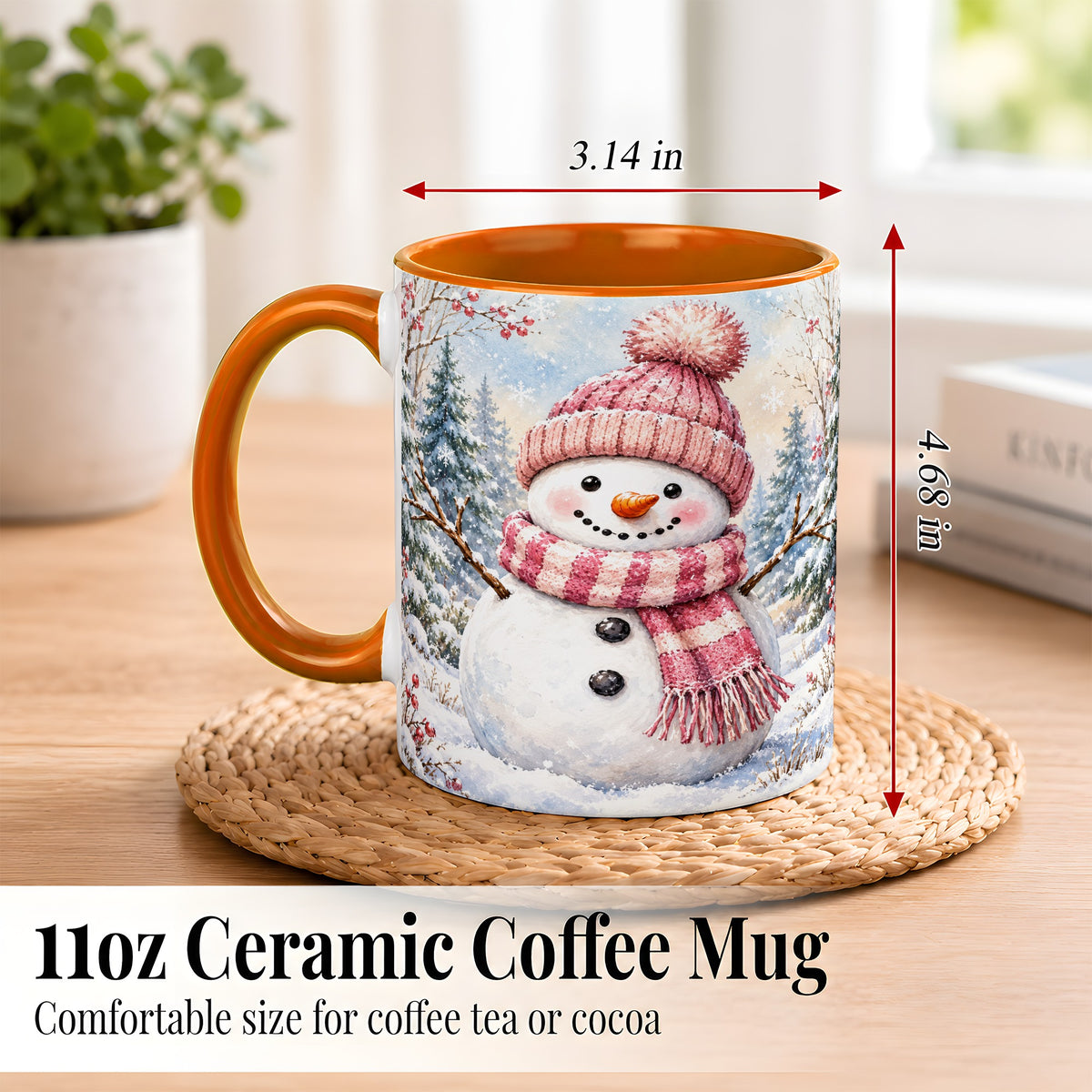 #pl[11oz|Orange] Pink Snowman Coffee Mug, Cozy Winter Snowman Mug, Ceramic Cup
