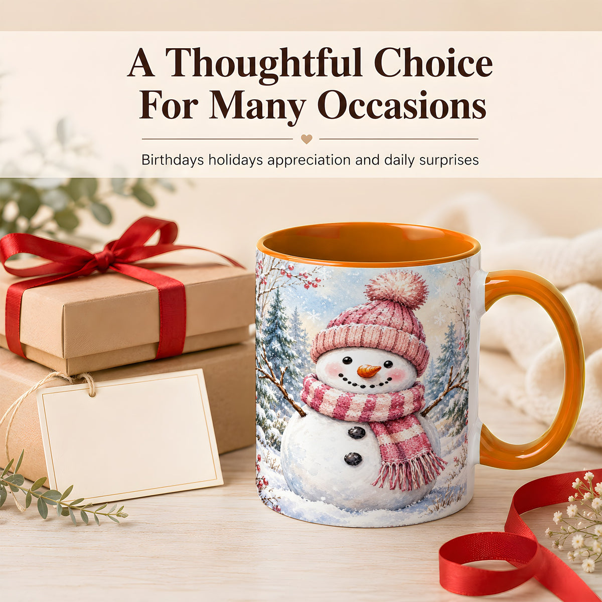#pl[11oz|Orange] Pink Snowman Coffee Mug, Cozy Winter Snowman Mug, Ceramic Cup