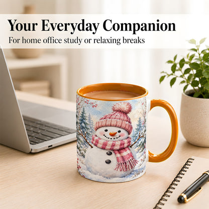 #pl[11oz|Orange] Pink Snowman Coffee Mug, Cozy Winter Snowman Mug, Ceramic Cup