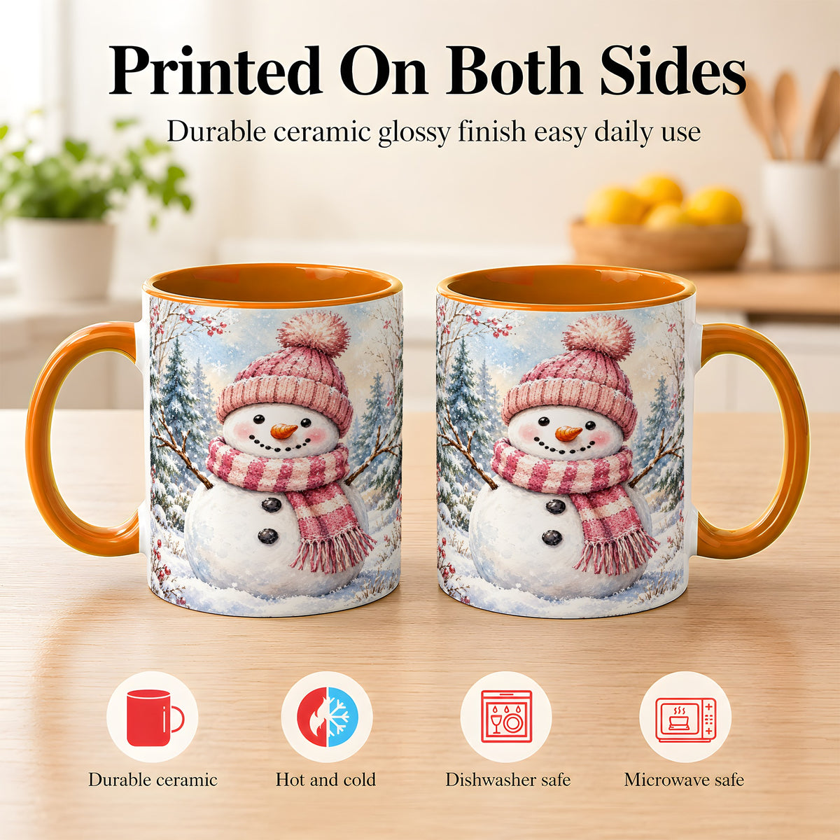 #pl[11oz|Orange] Pink Snowman Coffee Mug, Cozy Winter Snowman Mug, Ceramic Cup