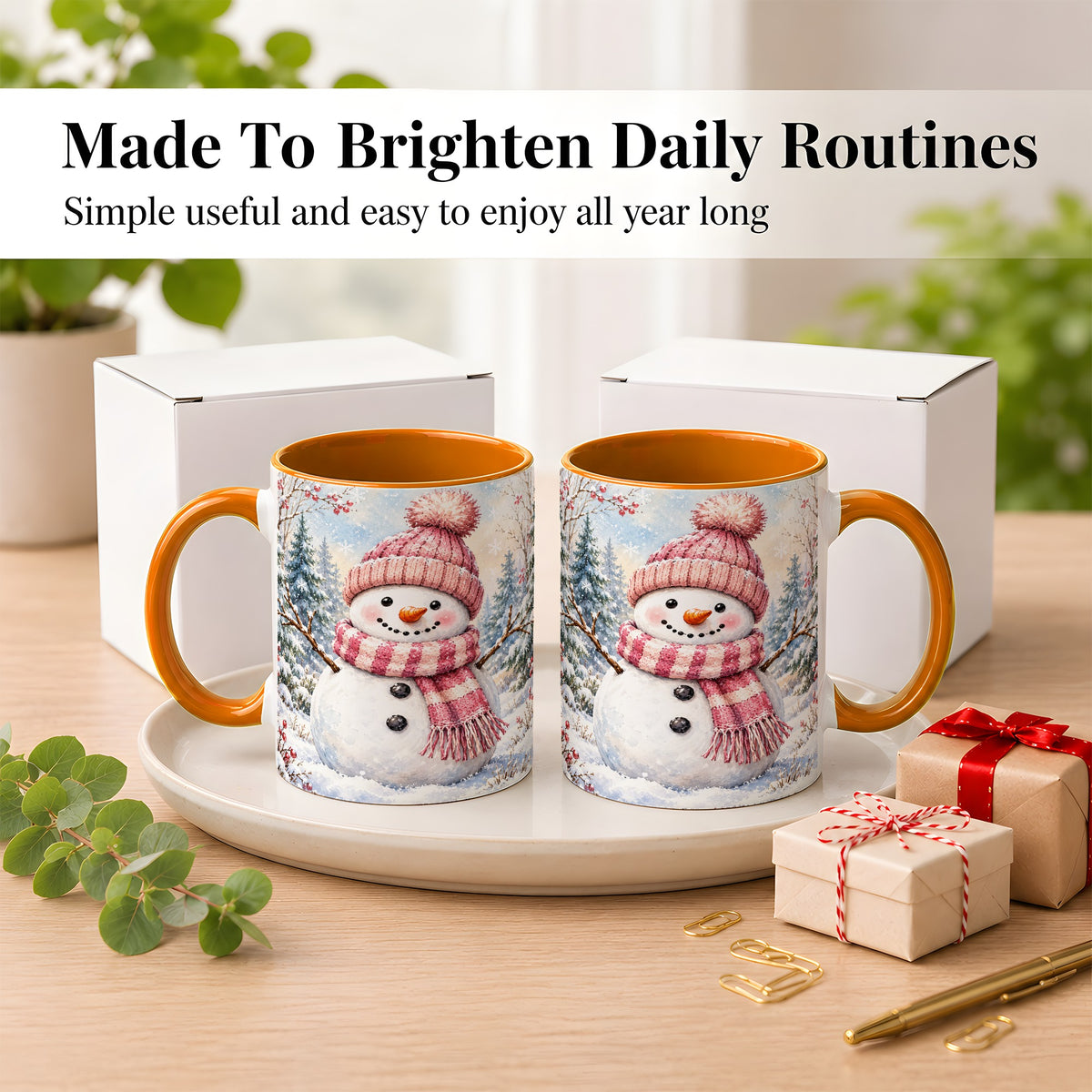 #pl[11oz|Orange] Pink Snowman Coffee Mug, Cozy Winter Snowman Mug, Ceramic Cup