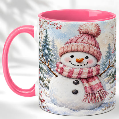 #pl[11oz|Pink] Pink Snowman Coffee Mug, Cozy Winter Snowman Mug, Ceramic Cup